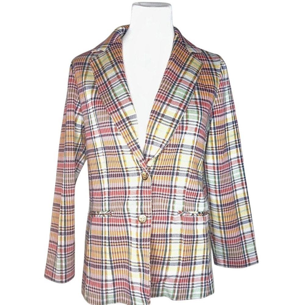 Vintage Multi Color Plaid Blazer Gold Crest Buttons Rainbow Textured Jacket